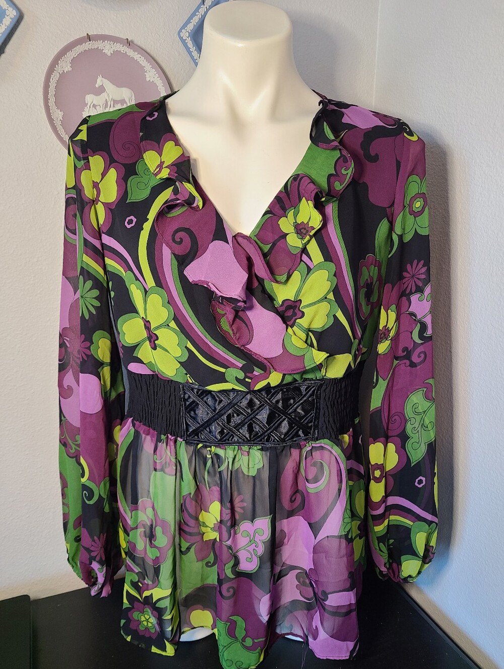 Y2K Bisou Bisou Groovy 70s 90s Psychedelic Floral Boho Peasant Top M